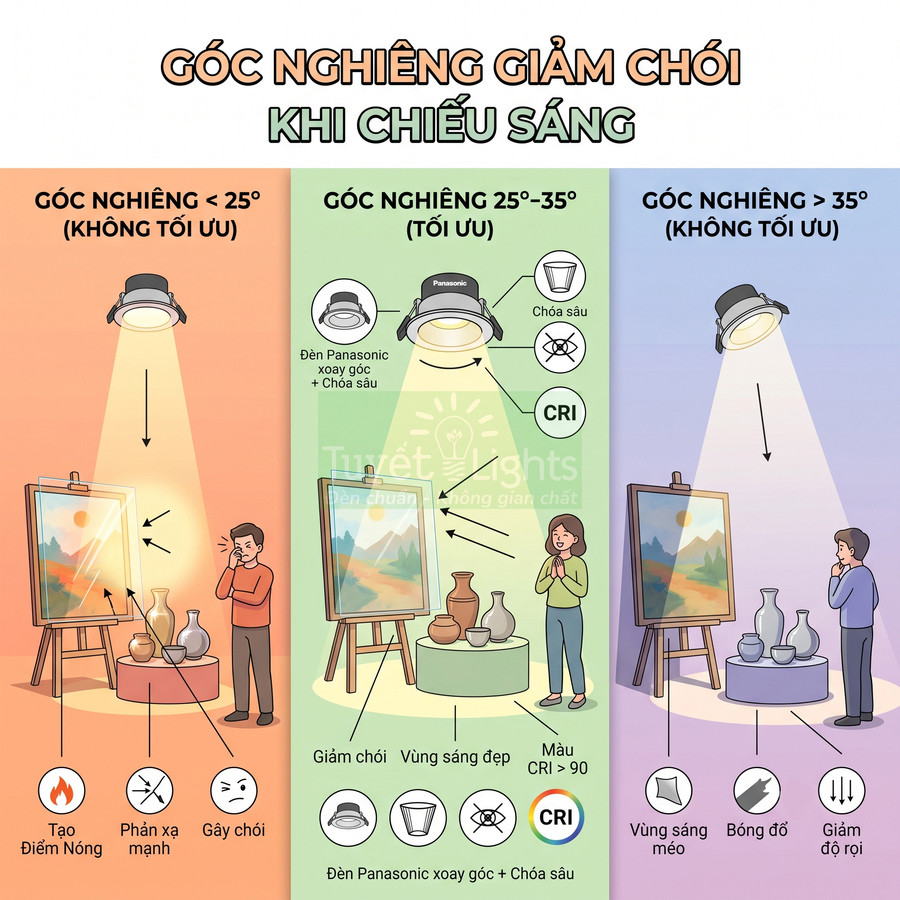 Minh họa đèn downlight Panasonic xoay góc với chóa sâu giảm chói khi chiếu sáng tranh và đồ gốm