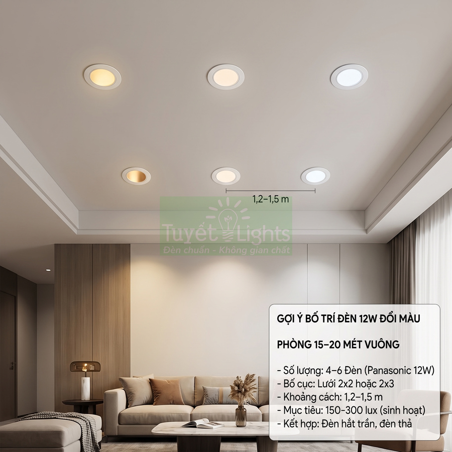Phòng khách hiện đại lắp đèn âm trần LED 12W đổi màu trên trần thạch cao, ánh sáng vàng và trắng