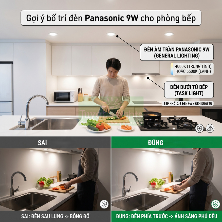 Gợi ý bố trí đèn âm trần Panasonic 9W và đèn dưới tủ bếp chiếu sáng khu vực nấu ăn