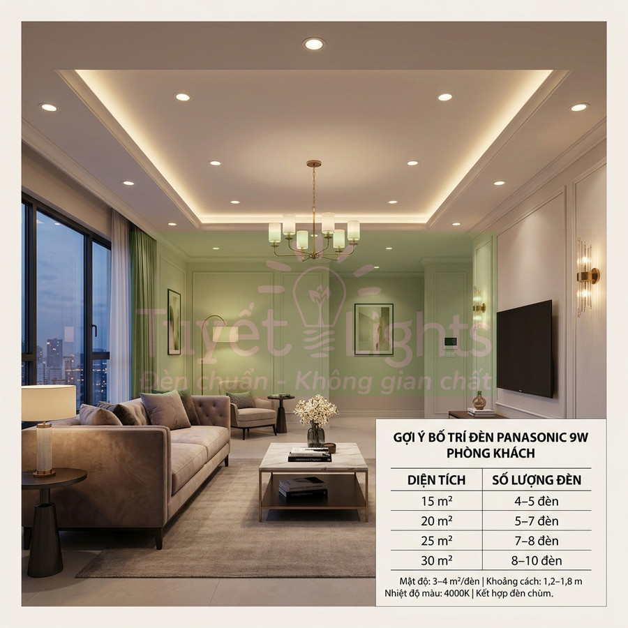 Phòng khách hiện đại sử dụng đèn LED âm trần Panasonic 9W bố trí đều trên trần thạch cao