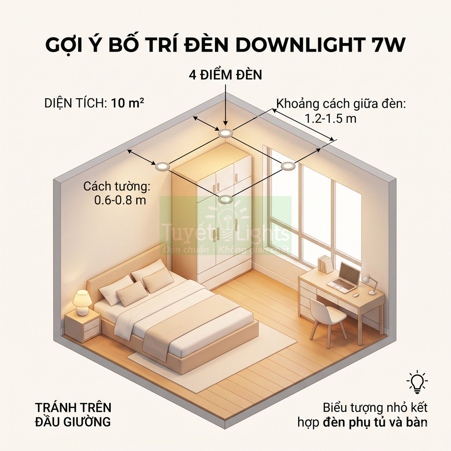 Sơ đồ gợi ý bố trí 4 đèn downlight 7W Tuyết Lights cho phòng ngủ 10m2 với giường tủ và bàn làm việc