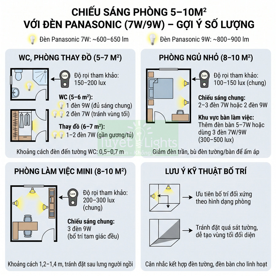 Hướng dẫn bố trí số lượng đèn LED Panasonic 7W 9W cho phòng 5 đến 10 mét vuông
