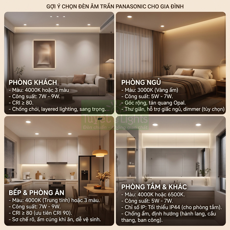 Gợi ý chọn đèn âm trần Panasonic cho phòng khách, phòng ngủ, bếp và phòng tắm trong căn hộ hiện đại