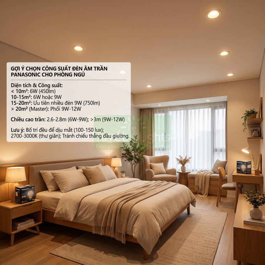 Đèn âm trần Panasonic bao nhiêu W phù hợp phòng ngủ?