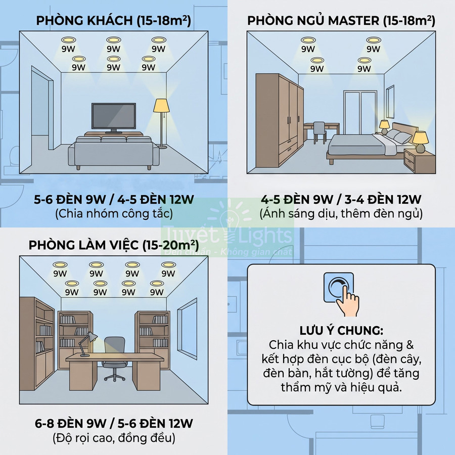 Sơ đồ gợi ý số lượng và công suất đèn LED âm trần 9W 12W cho phòng khách, ngủ, làm việc 15 20m2