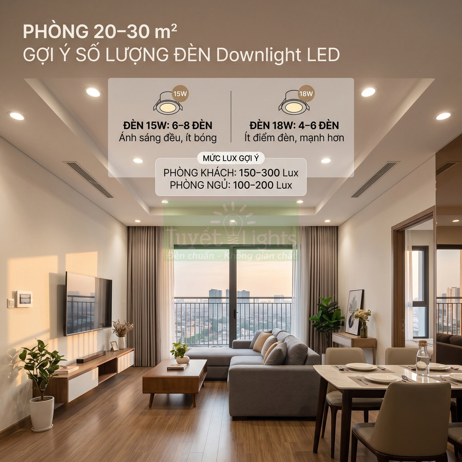 Phòng khách chung cư hiện đại sử dụng nhiều đèn downlight LED âm trần ánh sáng vàng ấm