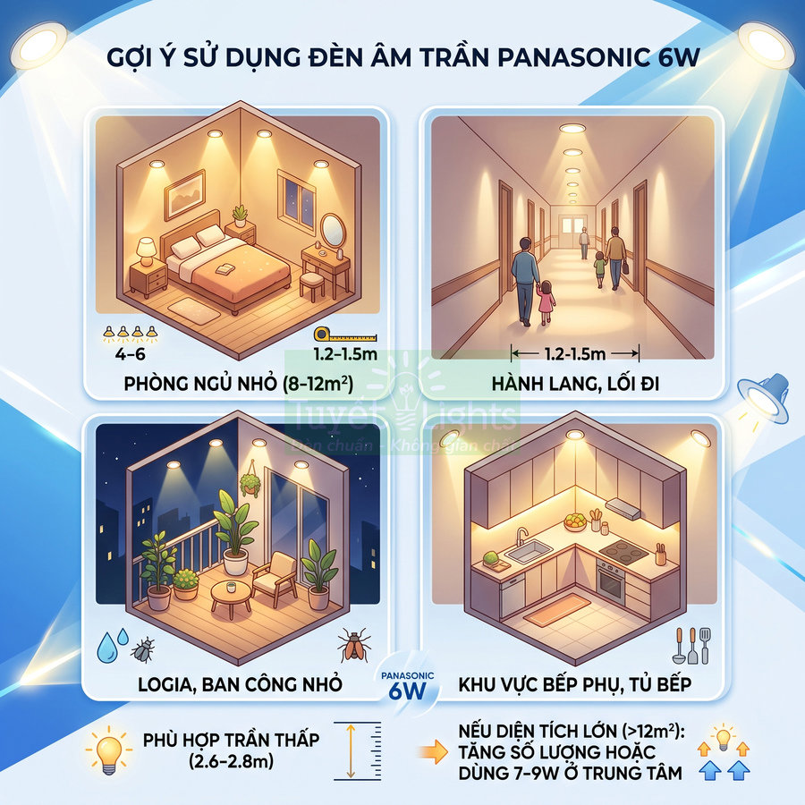 Gợi ý sử dụng đèn âm trần Panasonic 6W cho phòng ngủ nhỏ, hành lang, ban công, khu vực bếp phụ