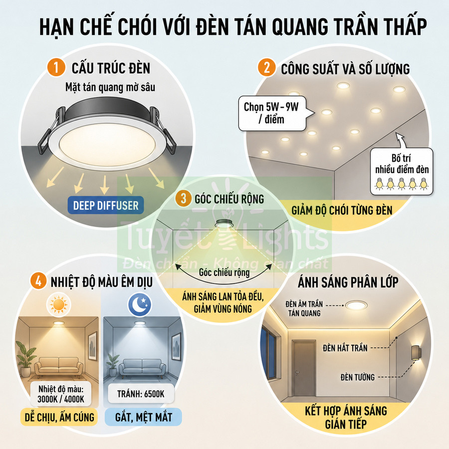 Infographic hướng dẫn chọn đèn âm trần tán quang chống chói cho trần thấp, ánh sáng êm dịu và phân bố đều