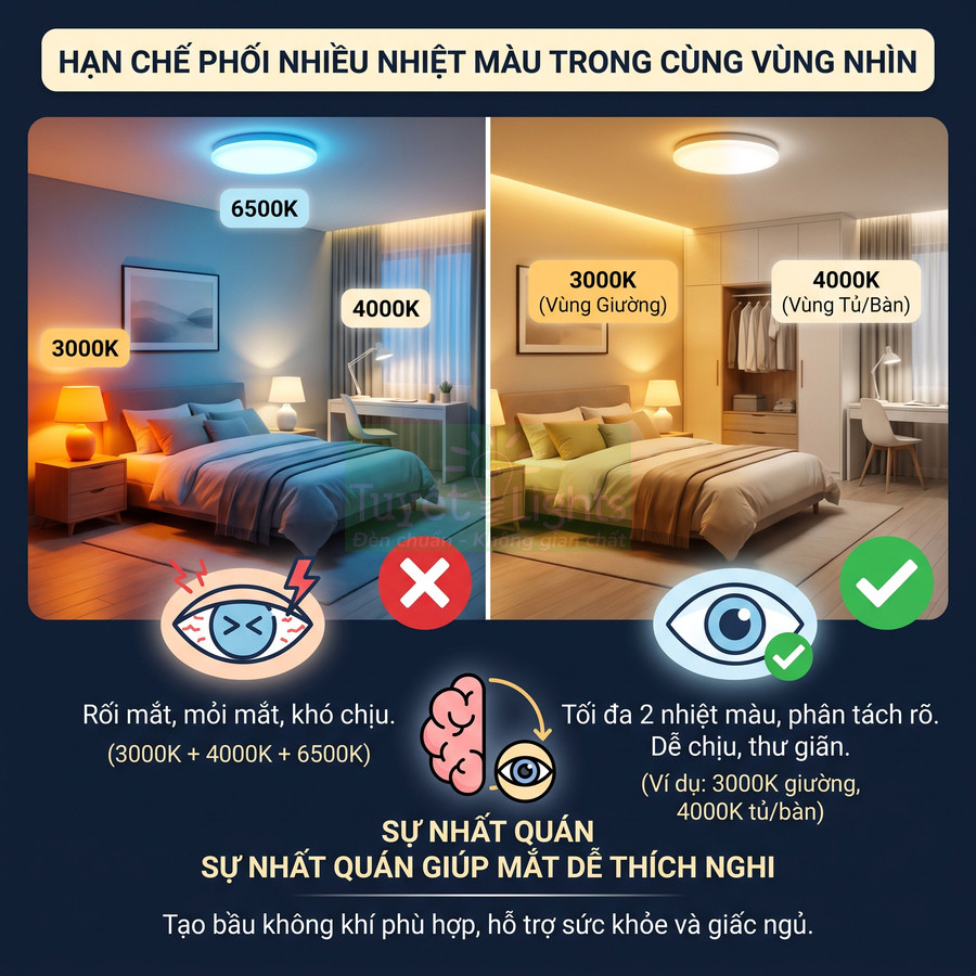 Phòng ngủ với đèn LED 3000K và 4000K bố trí hợp lý, tạo ánh sáng ấm dễ chịu cho giường và khu vực làm việc