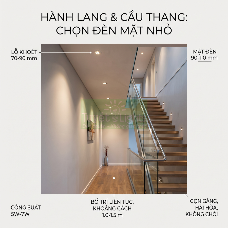 Đèn âm trần mặt nhỏ chiếu sáng hành lang và cầu thang gỗ hiện đại, bố trí đều tạo không gian gọn gàng hài hòa