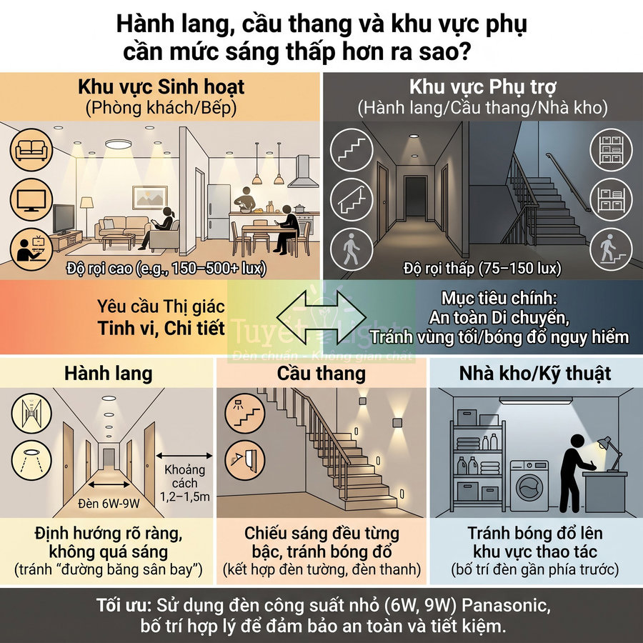 Infographic hướng dẫn bố trí đèn Panasonic 6W 9W cho hành lang, cầu thang và nhà kho an toàn, tiết kiệm