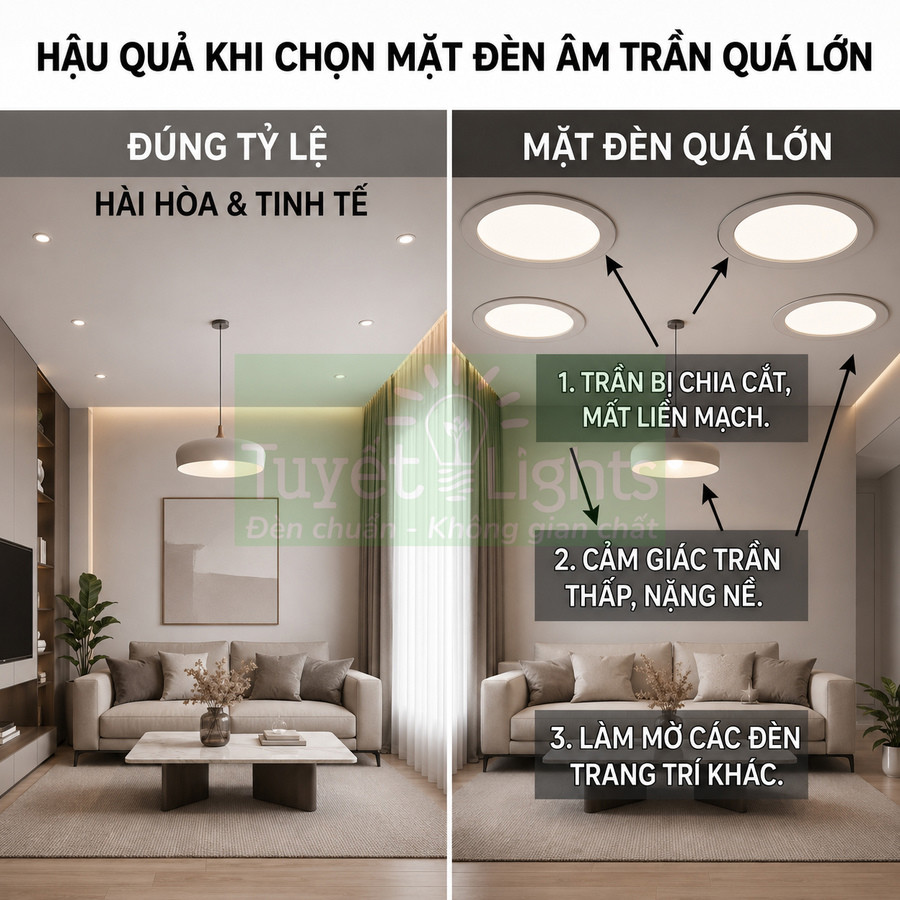 So sánh phòng khách dùng đèn âm trần đúng tỷ lệ và đèn âm trần quá lớn của Tuyết Lights