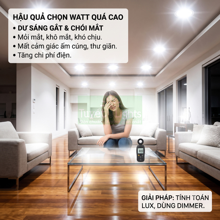 Phòng khách dùng nhiều đèn LED âm trần quá sáng khiến người phụ nữ mỏi mắt, đặt máy đo độ sáng trên bàn kính