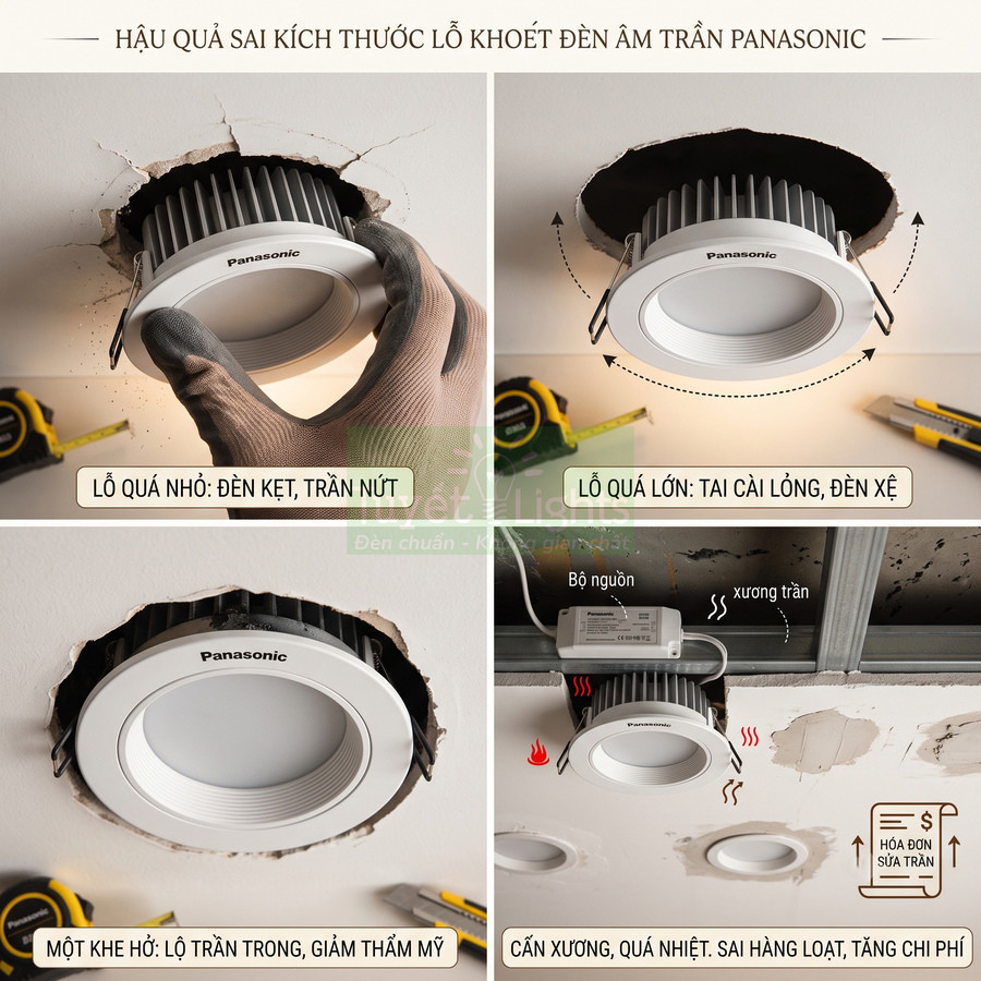 Đèn âm trần Panasonic lắp sai kích thước lỗ khoét gây kẹt đèn, hở trần và quá nhiệt