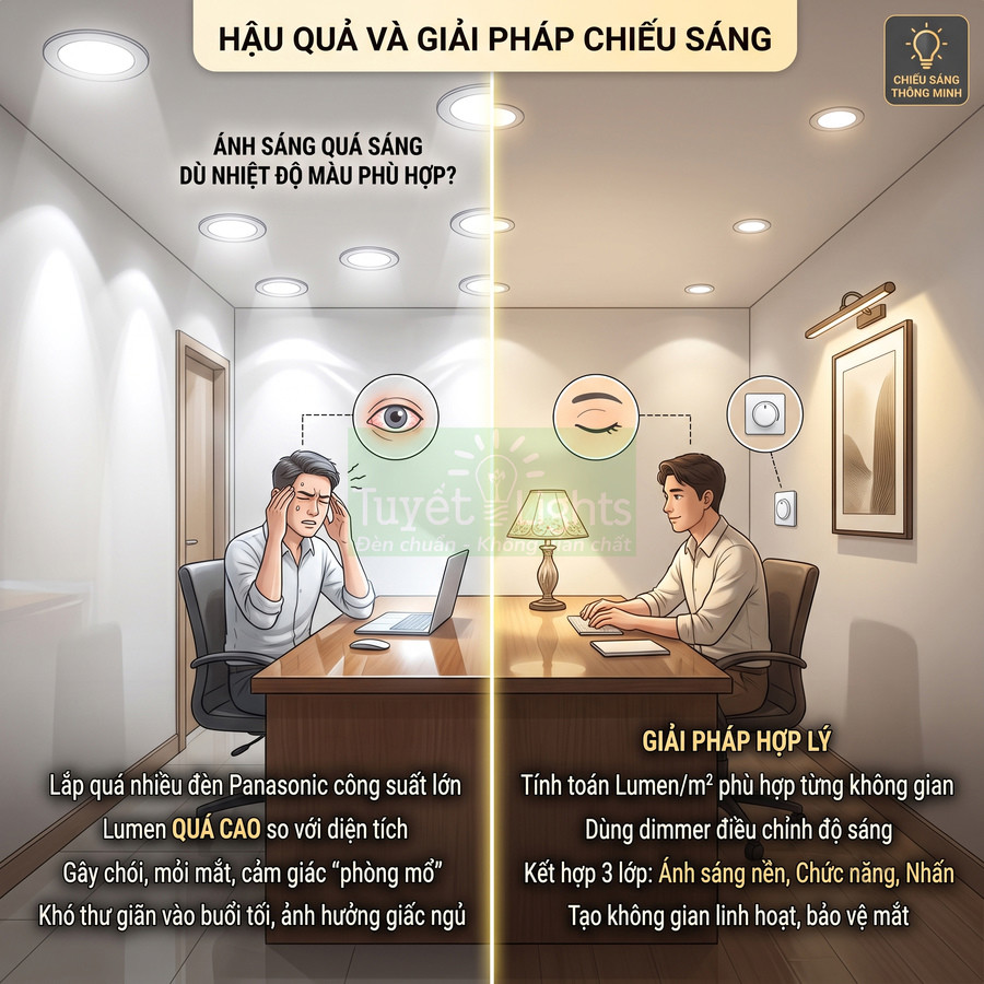 So sánh phòng làm việc dùng nhiều đèn Panasonic quá sáng và phòng dùng đèn Panasonic điều chỉnh lumen bảo vệ mắt