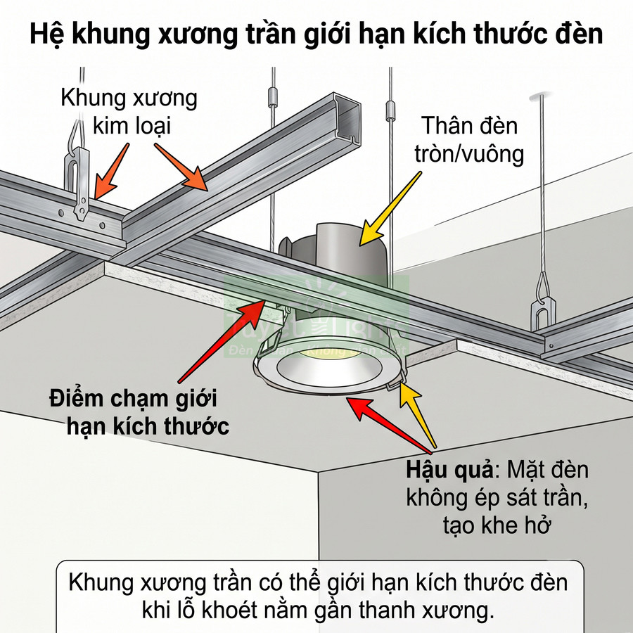 Đèn âm trần lắp trong khung xương trần kim loại với điểm chạm giới hạn kích thước tạo khe hở giữa đèn và trần