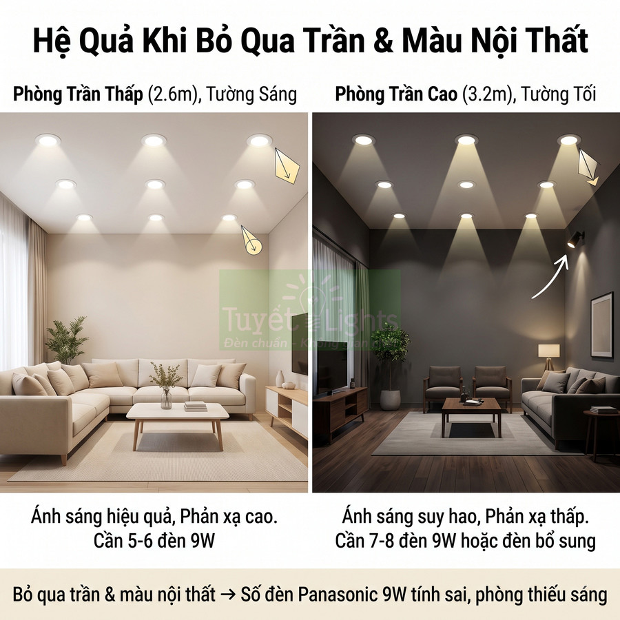 So sánh phòng khách dùng đèn âm trần Panasonic 9W với trần thấp sáng và trần cao tường tối