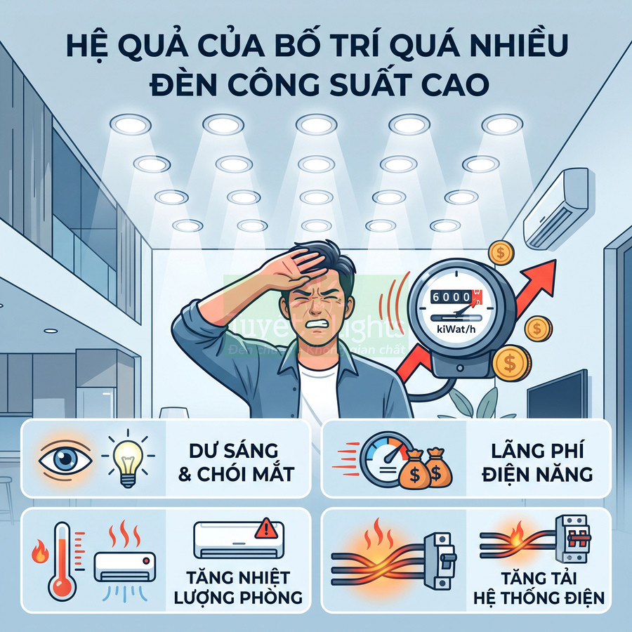 Tác hại lắp quá nhiều đèn công suất cao gây chói mắt, nóng phòng, tốn điện và tăng tải hệ thống điện