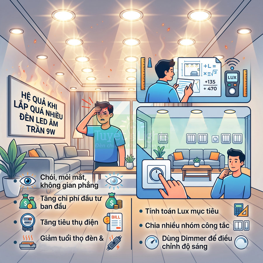 Hệ quả lắp quá nhiều đèn LED âm trần 9W trong phòng khách và giải pháp tính toán, chia nhóm công tắc, dùng dimmer