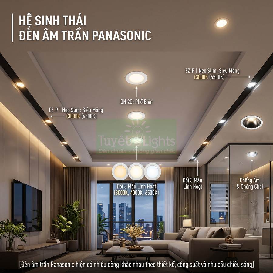 Đèn âm trần Panasonic chiếu sáng phòng khách hiện đại với nhiều mẫu đèn led khác nhau