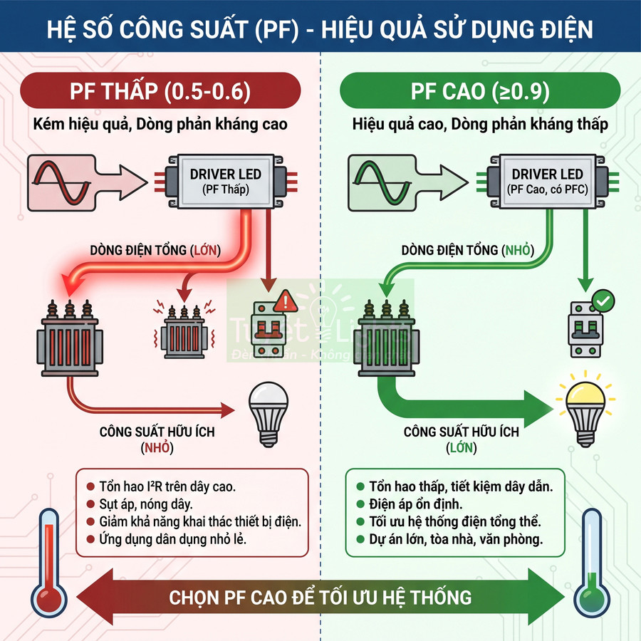 So sánh driver LED PF thấp và driver LED PF cao về hiệu quả sử dụng điện và công suất hữu ích