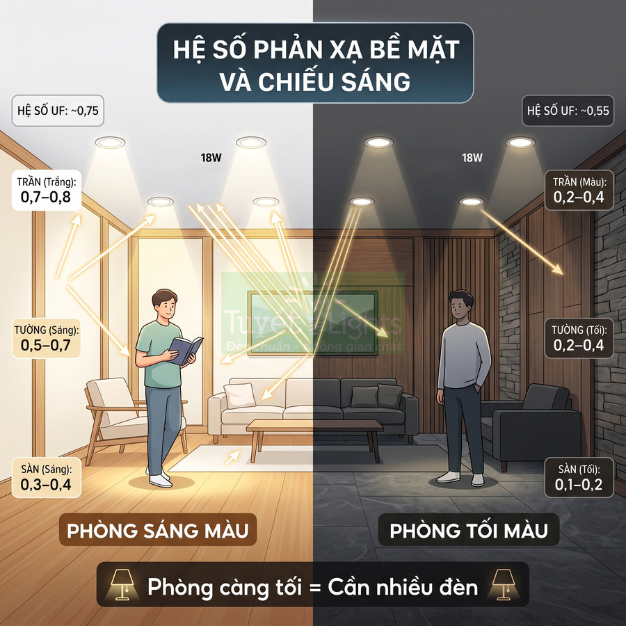So sánh hiệu quả chiếu sáng đèn trần 18W giữa phòng sáng màu và phòng tối màu với hệ số phản xạ bề mặt khác nhau