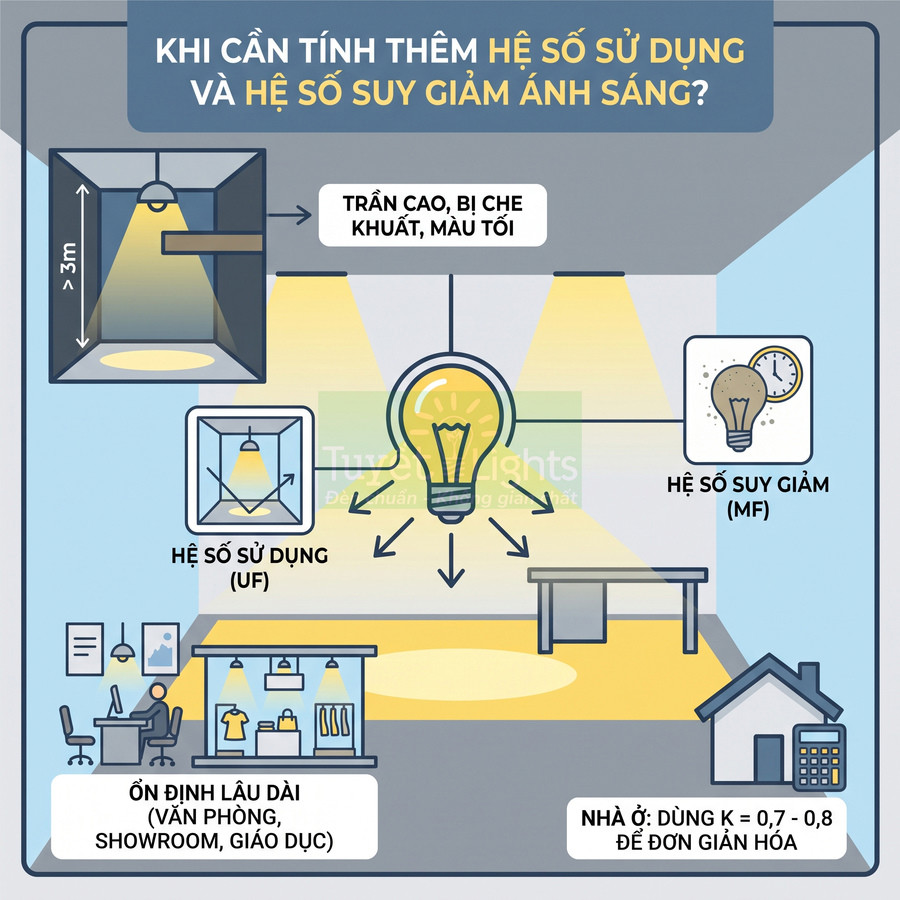 Infographic hướng dẫn tính hệ số sử dụng và hệ số suy giảm ánh sáng cho thiết kế chiếu sáng trong nhà