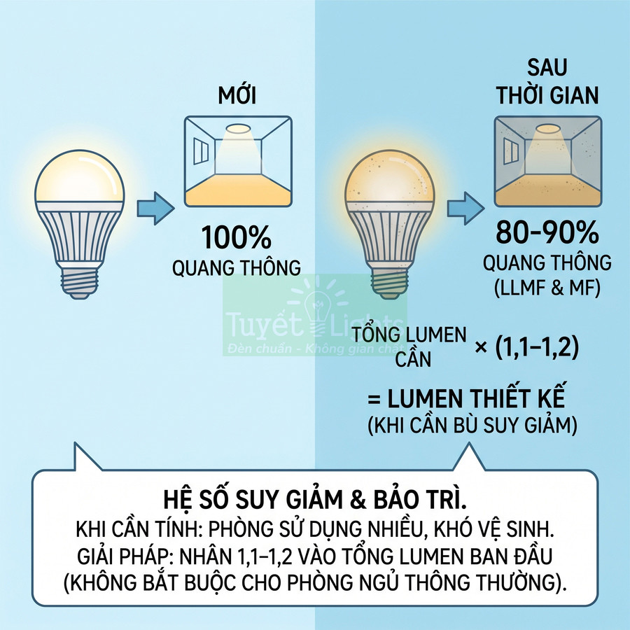 Minh họa bóng đèn LED Tuyết Lights mới và sau thời gian sử dụng, so sánh suy giảm quang thông 100 và 80-90 phần trăm