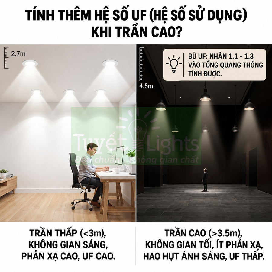 So sánh chiếu sáng trần thấp và trần cao, minh họa hệ số sử dụng UF trong thiết kế đèn nội thất