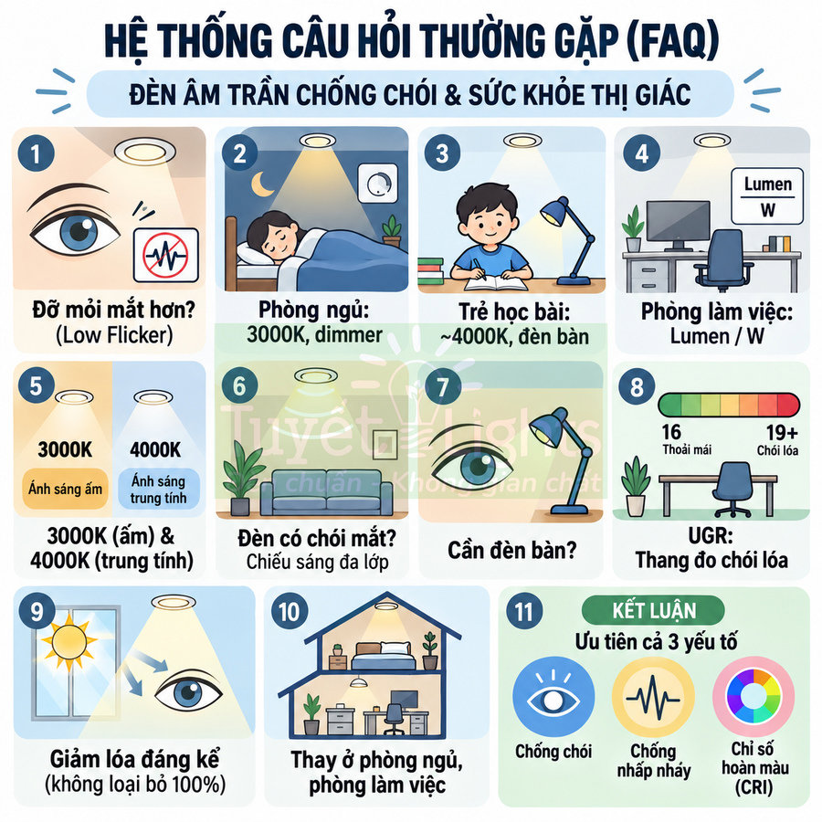 Infographic hướng dẫn chọn đèn âm trần chống chói bảo vệ mắt cho phòng ngủ, phòng học và phòng làm việc