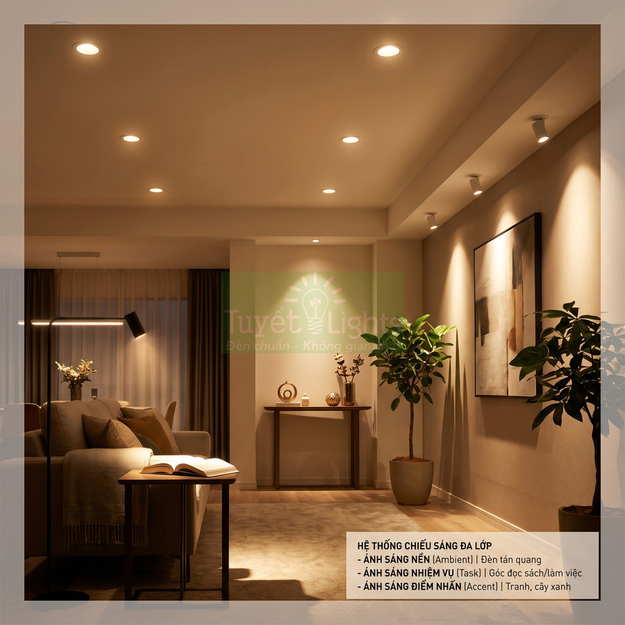 Phòng khách hiện đại sử dụng hệ thống đèn âm trần và đèn đứng Tuyết Lights chiếu sáng ấm áp
