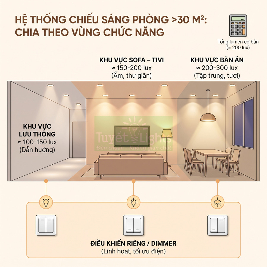 Sơ đồ bố trí đèn chiếu sáng phòng khách lớn với công tắc dimmer điều khiển riêng từng khu vực chức năng