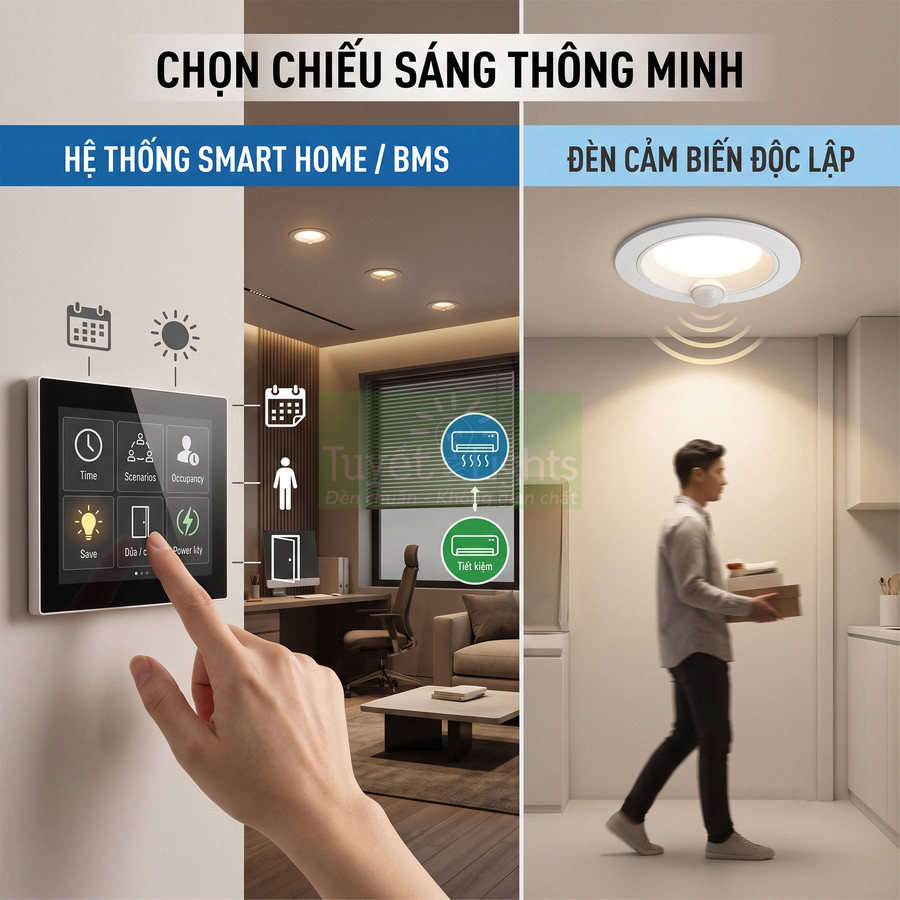 Bảng điều khiển smart home và đèn cảm biến trần thông minh tự động bật tắt tiết kiệm điện