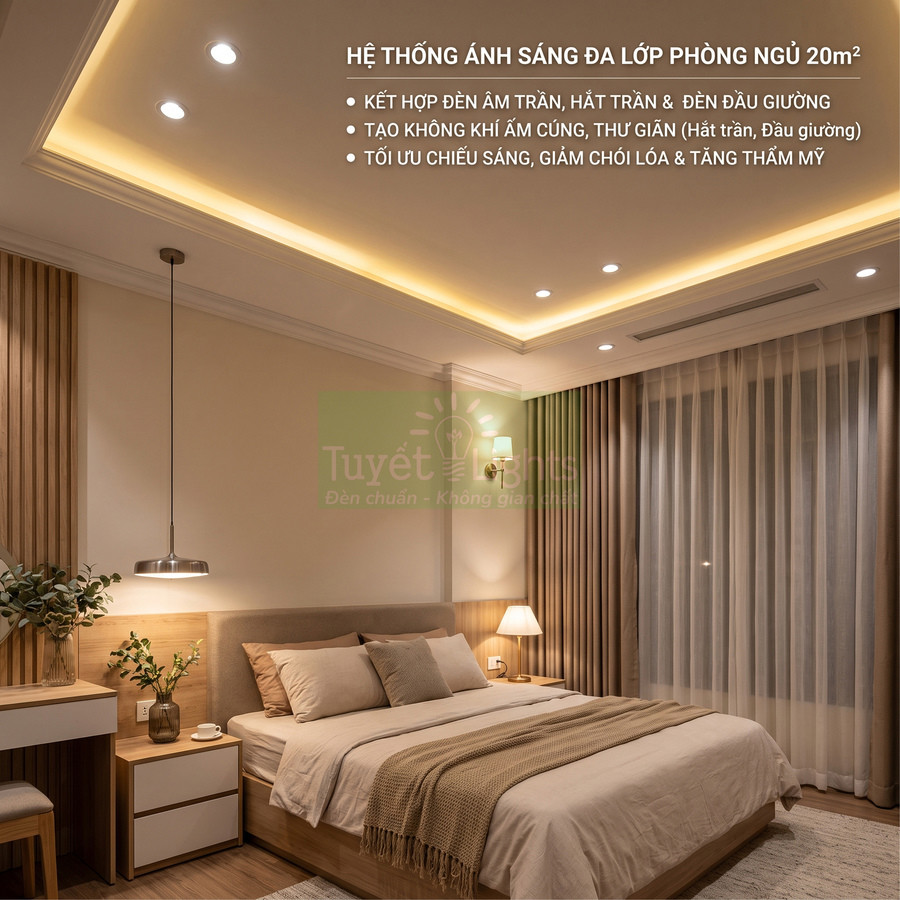 Phòng ngủ 20m2 với hệ thống đèn âm trần, hắt trần và đèn đầu giường ánh sáng vàng ấm cúng