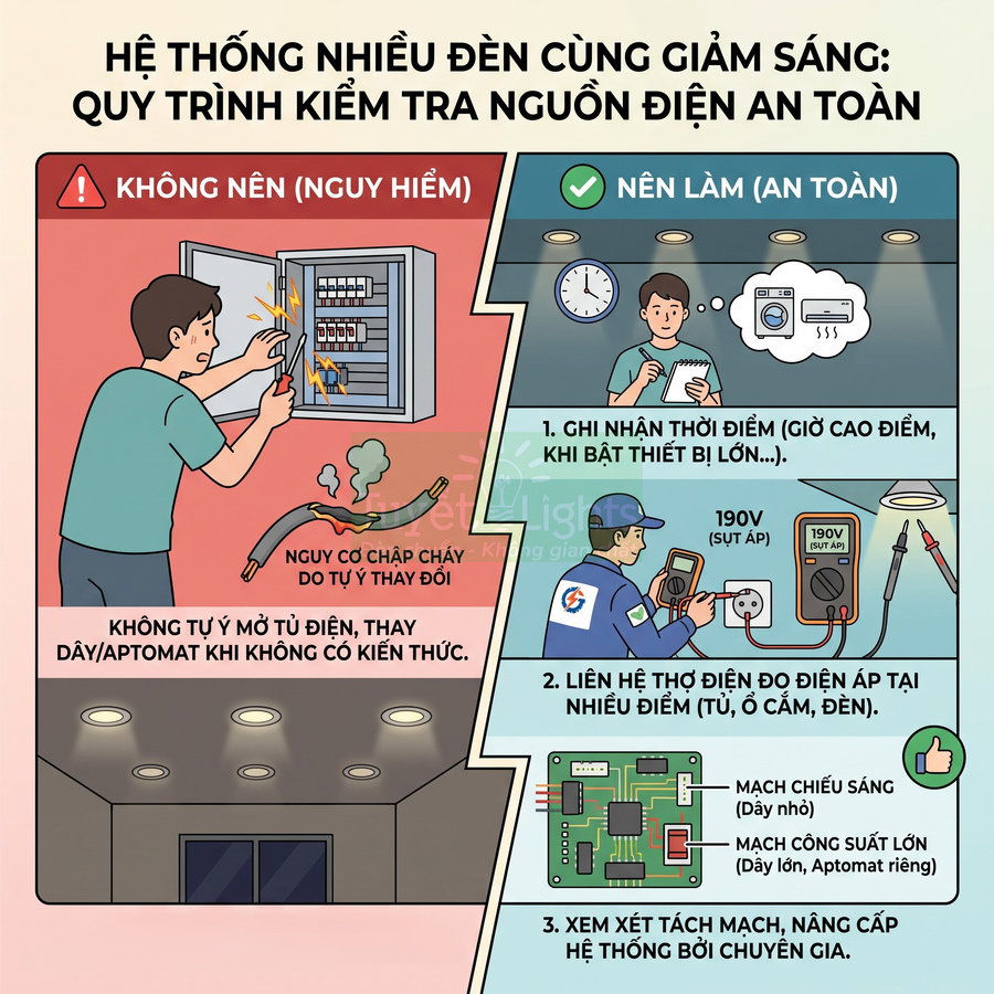 Hướng dẫn an toàn kiểm tra nguồn điện cho hệ thống nhiều đèn âm trần và cảnh báo nguy cơ chập cháy tủ điện