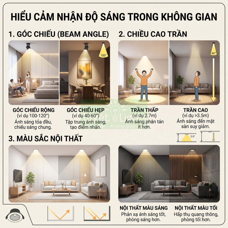 Hướng dẫn chọn đèn trần chiếu sáng phòng khách và phòng ngủ theo góc chiếu, chiều cao trần và màu sắc nội thất