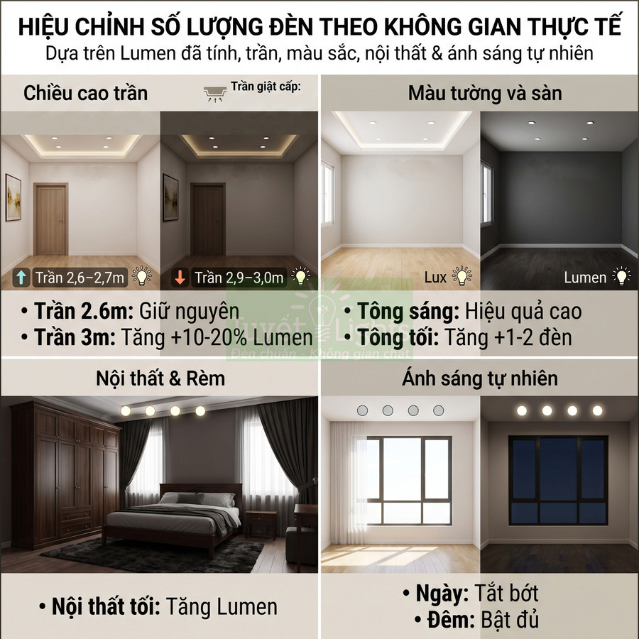 Hướng dẫn điều chỉnh số lượng đèn trần theo chiều cao trần, màu tường, nội thất và ánh sáng tự nhiên
