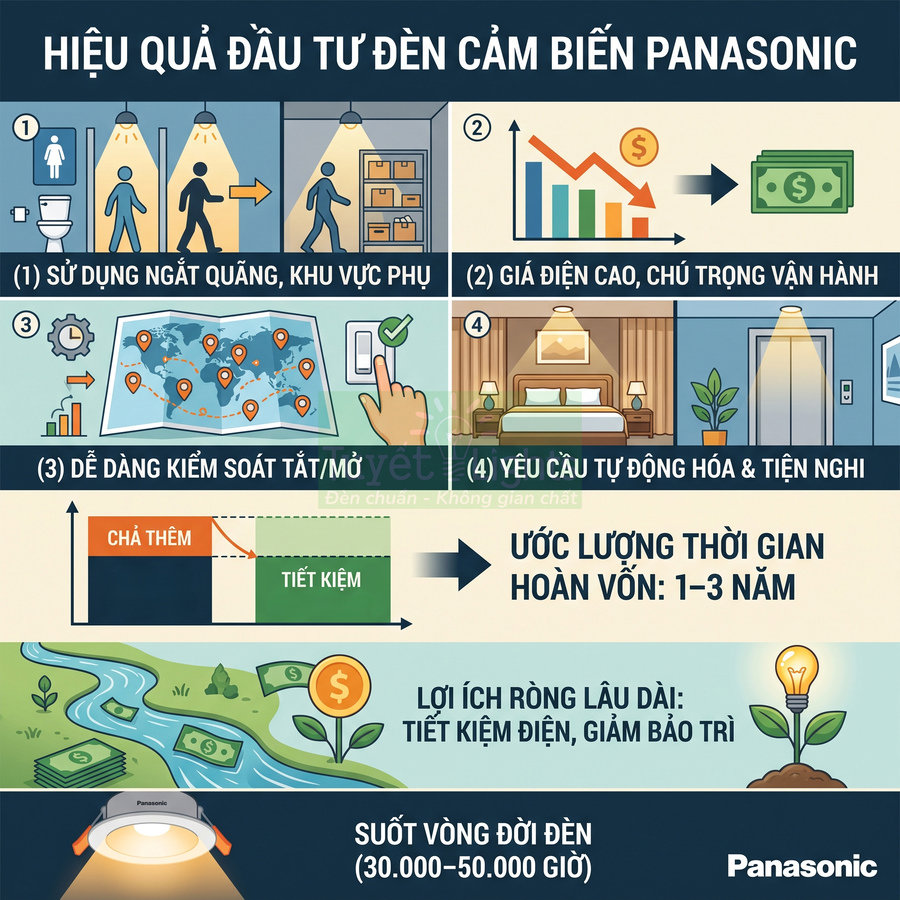 Infographic lợi ích đầu tư đèn cảm biến Panasonic tiết kiệm điện, hoàn vốn nhanh, tuổi thọ cao