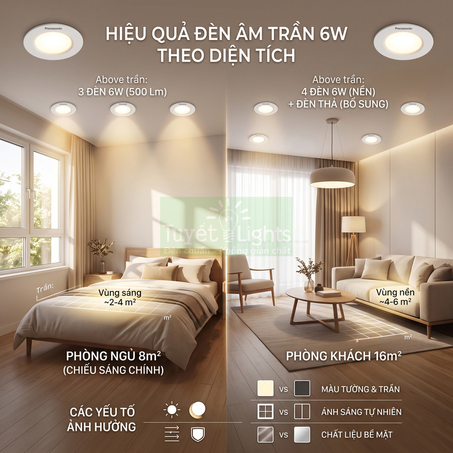 Đèn âm trần Panasonic 6W chiếu sáng phòng ngủ 8m2 và phòng khách 16m2 nội thất hiện đại