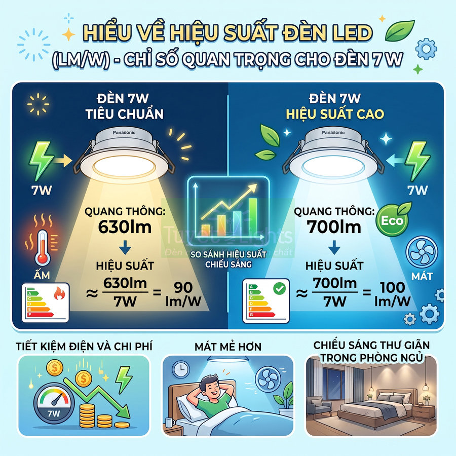 Infographic so sánh hiệu suất đèn LED âm trần Panasonic 7W tiêu chuẩn và 7W hiệu suất cao