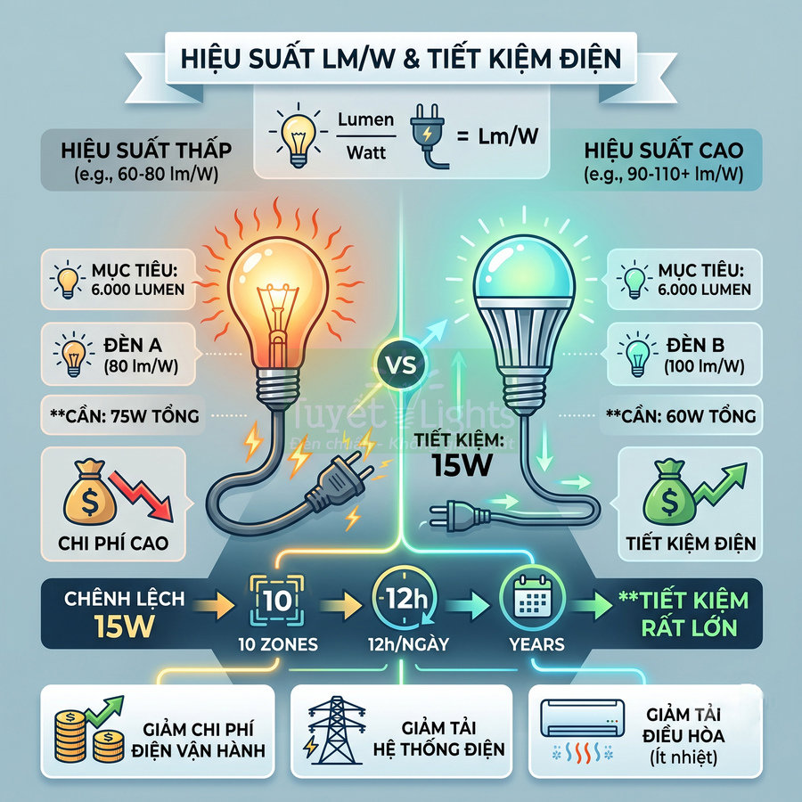 So sánh hiệu suất và tiết kiệm điện giữa đèn sợi đốt công suất cao và đèn LED công suất thấp