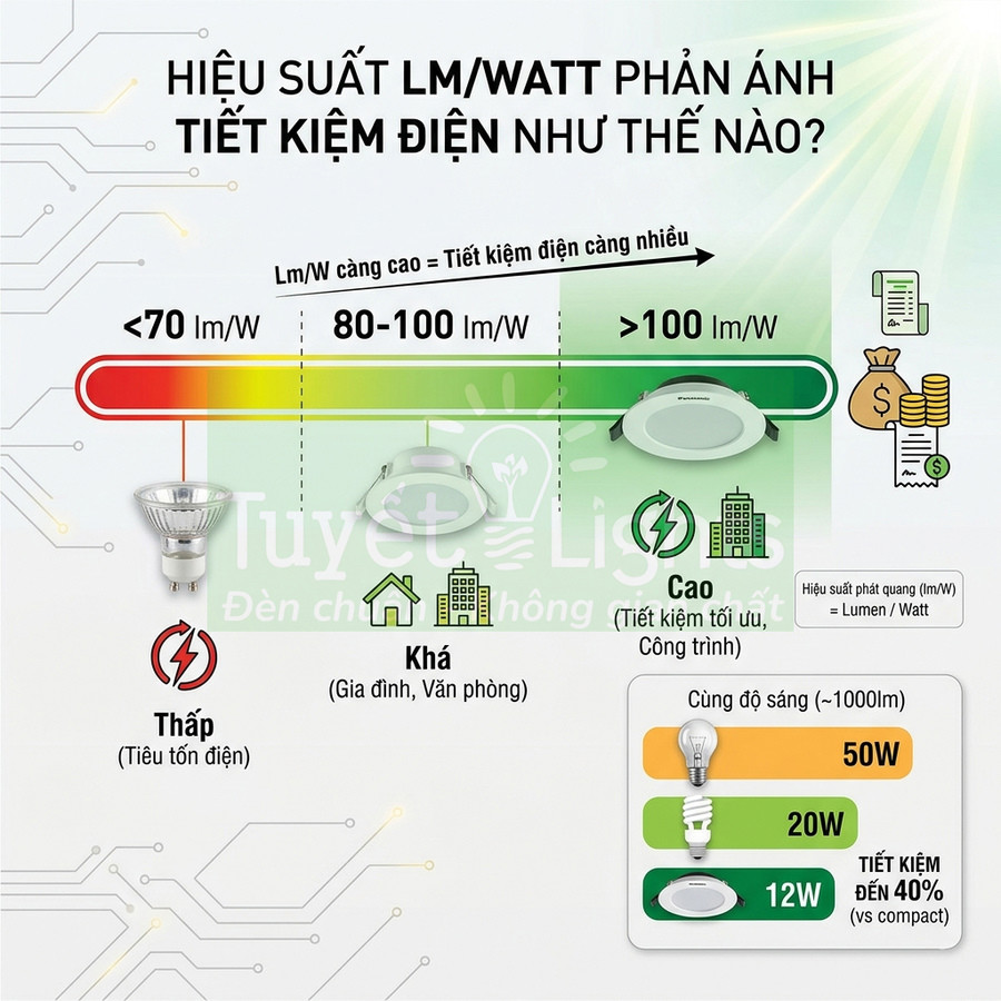 Biểu đồ so sánh hiệu suất lmW và mức tiết kiệm điện của các loại đèn LED âm trần, đèn compact và đèn sợi đốt