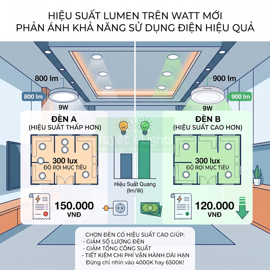 So sánh hiệu suất đèn LED âm trần Panasonic 9W 900lm với đèn 9W 800lm về độ sáng và chi phí