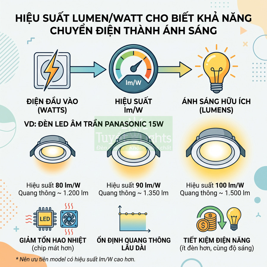 Infographic so sánh hiệu suất đèn LED âm trần Panasonic 15W về lumen trên watt và khả năng tiết kiệm điện