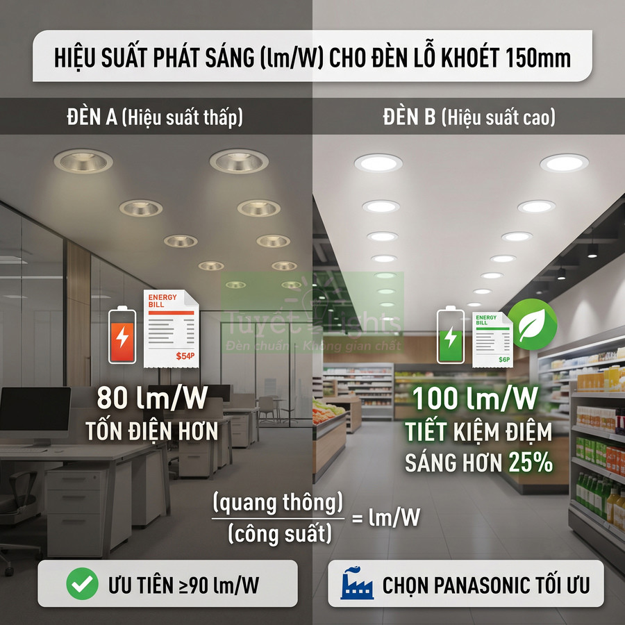 So sánh đèn âm trần hiệu suất thấp 80 lm/W và đèn âm trần Panasonic 100 lm/W tiết kiệm điện hơn