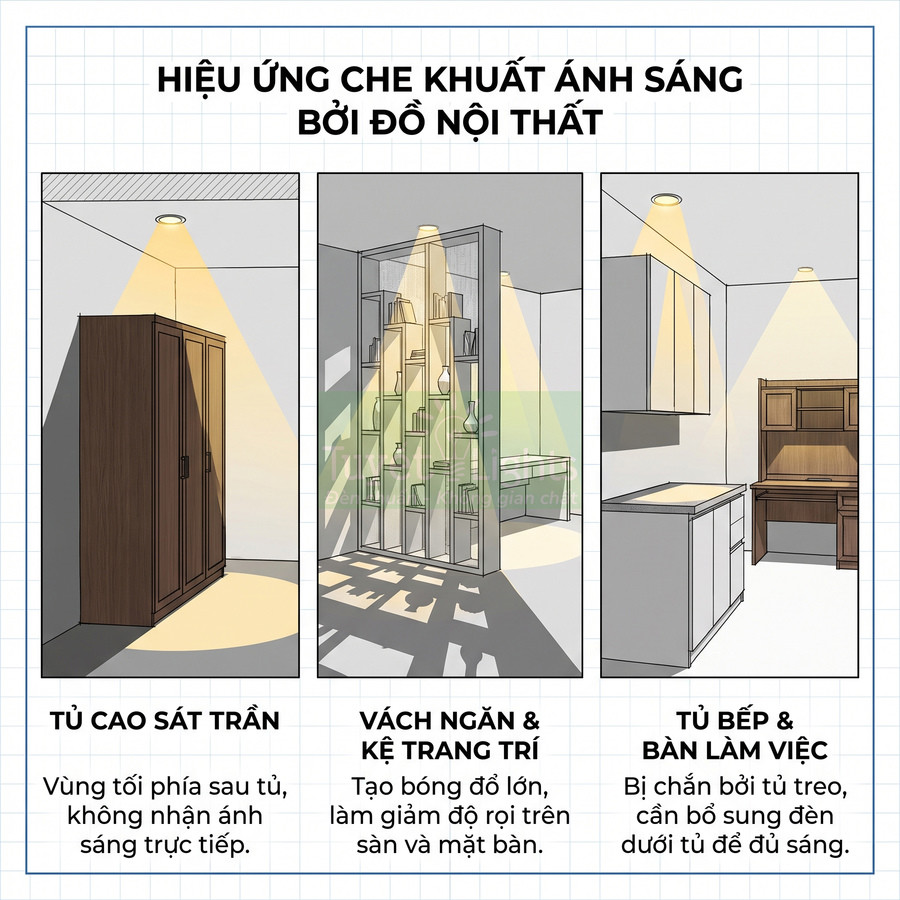 Minh họa hiệu ứng che khuất ánh sáng trần bởi tủ cao, vách ngăn trang trí, tủ bếp và bàn làm việc trong phòng