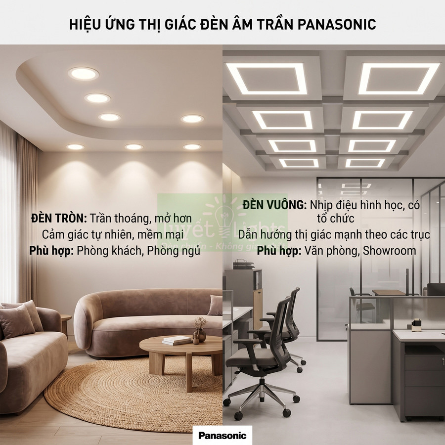 Đèn âm trần Panasonic dạng tròn cho phòng khách và dạng vuông cho văn phòng, tạo hiệu ứng ánh sáng khác nhau