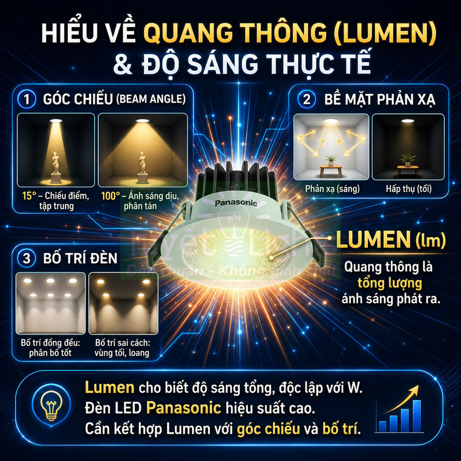 Đèn LED âm trần Panasonic minh họa quang thông lumen, góc chiếu và cách bố trí đèn chiếu sáng