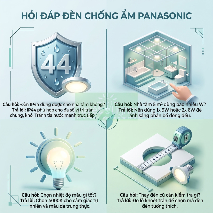 Hướng dẫn chọn đèn chống ẩm Panasonic cho nhà tắm, công suất, nhiệt độ màu và kích thước lỗ khoét trần