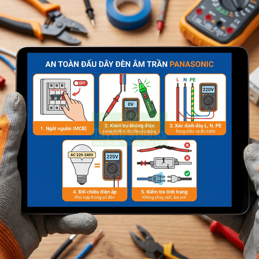 Hướng dẫn an toàn đấu dây đèn âm trần Panasonic hiển thị trên máy tính bảng trong tay thợ điện